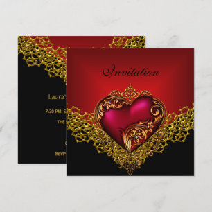 Invitation Dentelle Black Gold Deep Red Heart Jewel Party