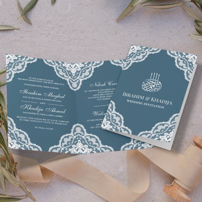 Invitation Dentelle blanche bleu Mariage musulman Photo (Créateur téléchargé)
