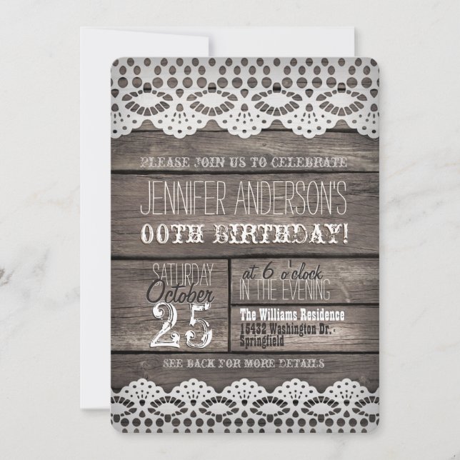 Invitation Dentelle blanche, bois Brown rustique Adulte Ado A (Devant)
