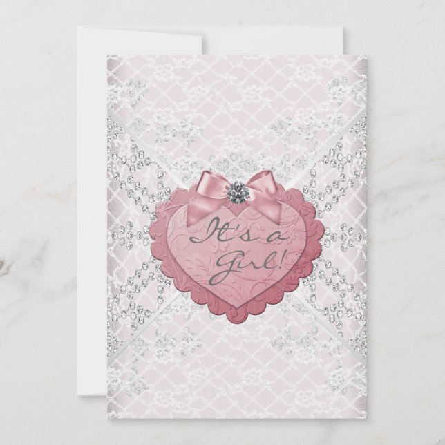 Invitation Dentelle blanche Coeur rose rose Bébé Blanc Douche (Devant)