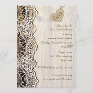 Invitation Dentelle blanche & coeur sur bois mariage douche n
