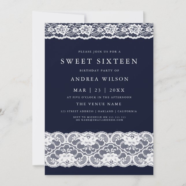 Invitation Dentelle blanche Elégante Marine Bleu Sweet 16 Inv (Devant)