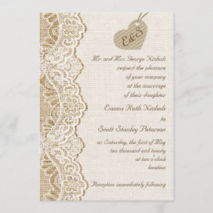 Invitation Dentelle blanche et coeur en carton sur mariage bu