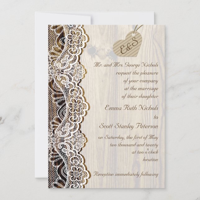 Invitation Dentelle blanche et coeur en carton sur mariage en (Devant)