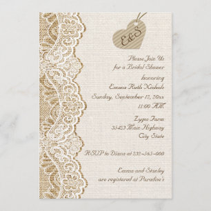Invitation Dentelle blanche et coeur sur burlap mariage douch