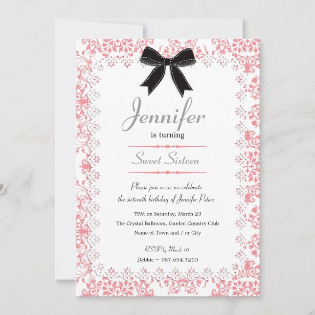 Invitation Dentelle blanche et Damas rose sucré 16 5x7 (Devant)