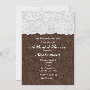 Invitation Dentelle blanche et Fête de l'mariée en cuir Brown