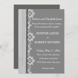 Invitation Dentelle blanche et mariage en bois rustique gris