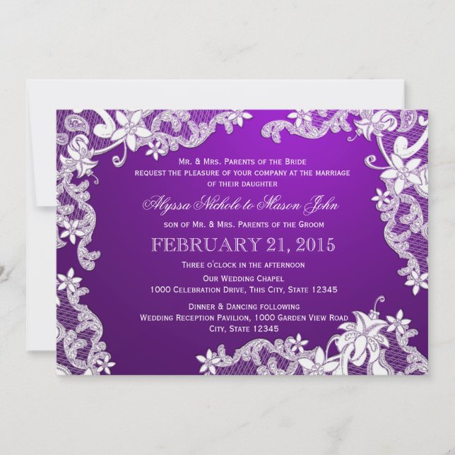 Invitation Dentelle blanche et Mariage violet (Devant)