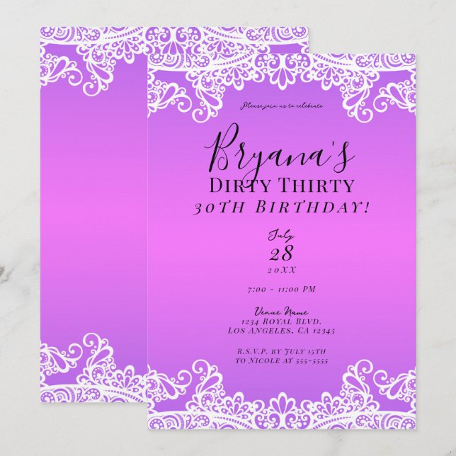 Invitation Dentelle blanche rose et violet sale 30 30e annive (Devant / Derrière)
