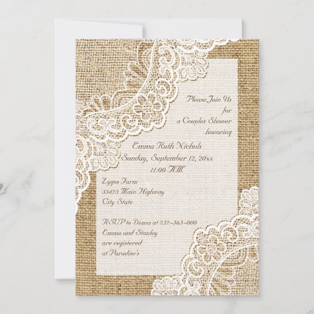 Invitation Dentelle blanche rustique sur burlap mariage coupl (Devant)