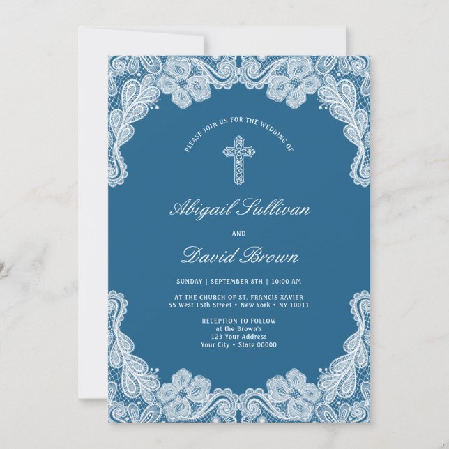 Invitation Dentelle blanche sur le Mariage religieux bleu (Devant)
