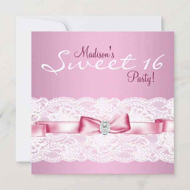 Invitation Dentelle blanche Sweet sixteen rose fête d'anniver (Devant)