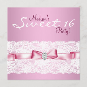 Invitation Dentelle blanche Sweet sixteen rose fête d'anniver