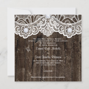 Invitation Dentelle blanche vintage sur bois brun mariage