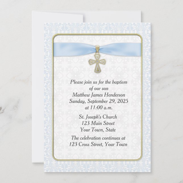 Invitation Dentelle bleue, Croix d'or, religieuse (Devant)