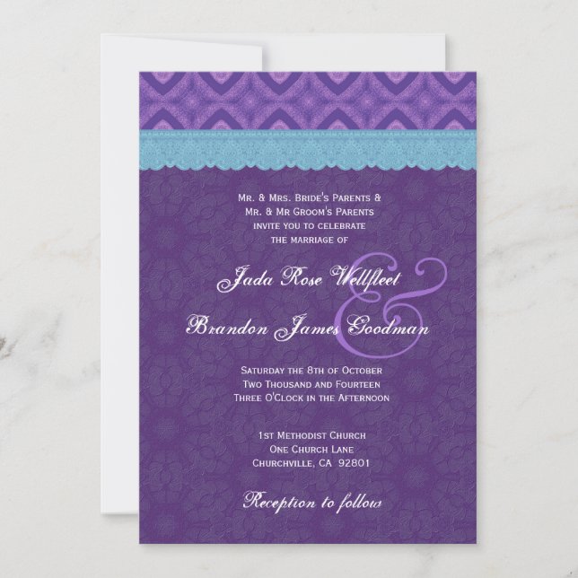 Invitation Dentelle bleue d'Aqua de pourpre royal épousant (Devant)