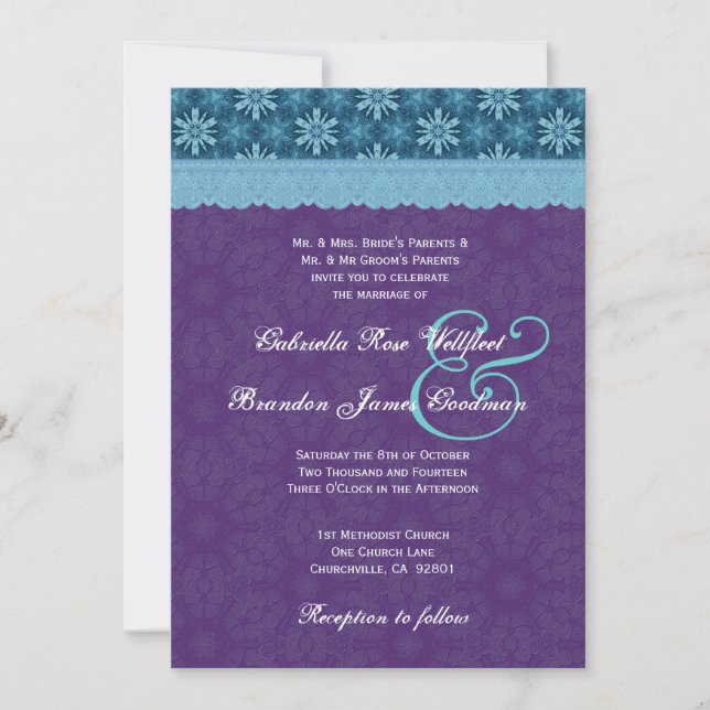 Invitation Dentelle bleue d'Aqua de pourpre royal épousant V8 (Devant)