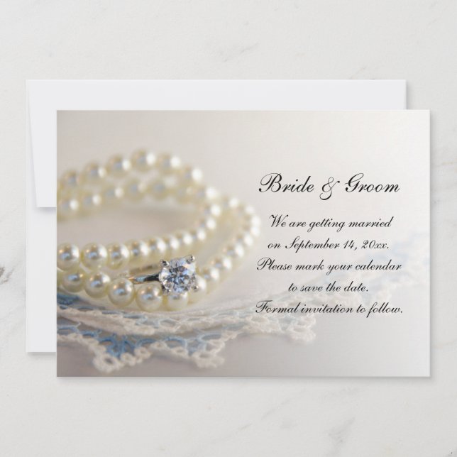 Invitation Dentelle Bleue, Perles, Mariage Anneau Enregistrer (Devant)