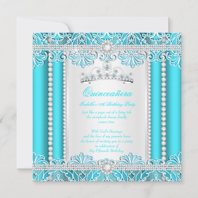 Invitation Dentelle bleue turquoise Princesse Quinceanera Dia (Devant)