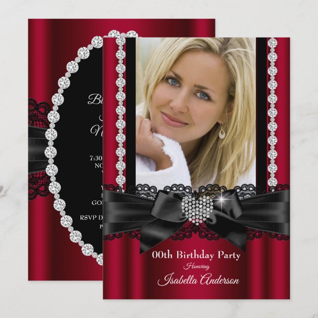 Invitation Dentelle Bourgogne Diamant Coeur Photo Anniversair (Devant / Derrière)