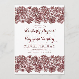 Invitation Dentelle Bourgogne Elégant Mariage Vintage