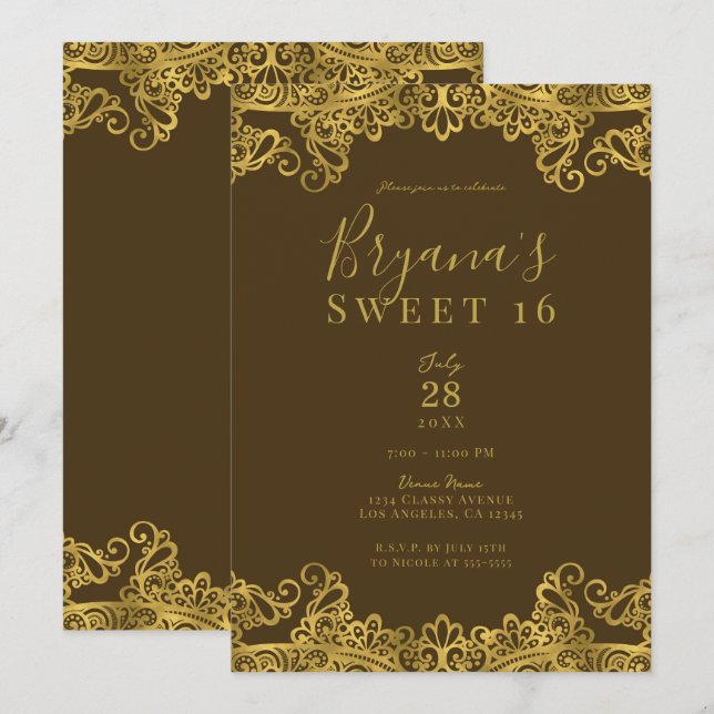 Invitation Dentelle Brown et or Élégante Sweet 16 Party (Devant / Derrière)