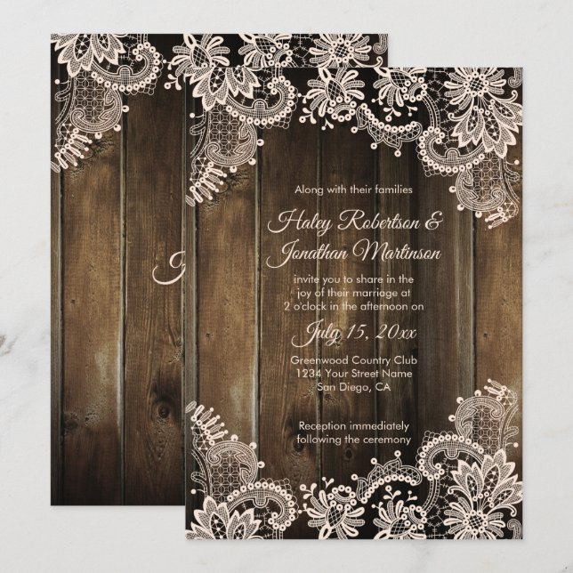 Invitation Dentelle d'antiquité rustique et Mariage en bois d (Devant / Derrière)