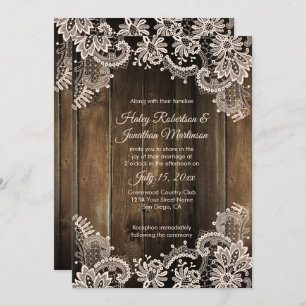 Invitation Dentelle d'antiquité rustique et Mariage en bois d