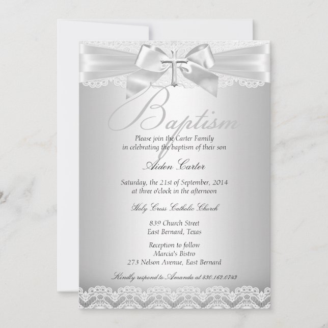 Invitation Dentelle d'argent et baptême croisé garçon ou fill (Devant)