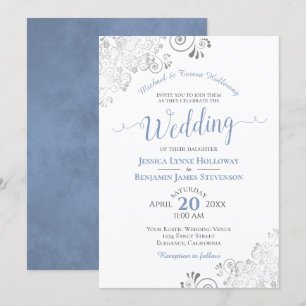 Invitation Dentelle d'argent et Mariage blanc officiel bleu p