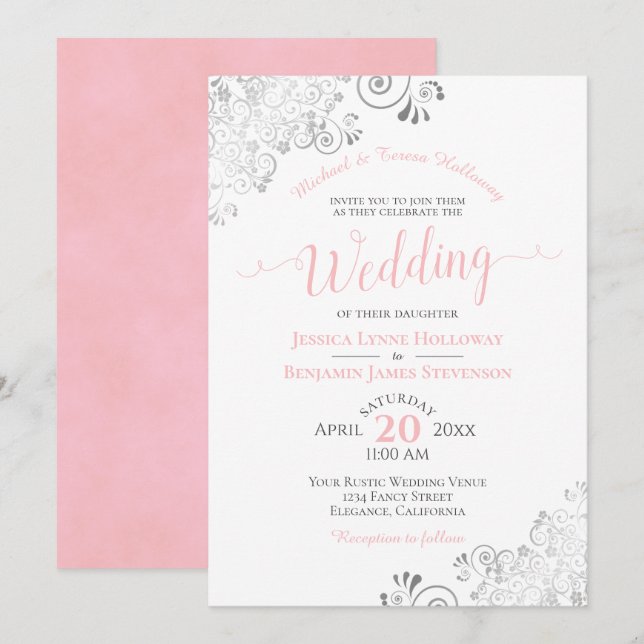 Invitation Dentelle d'argent et Mariage blanc rose pâle (Devant / Derrière)
