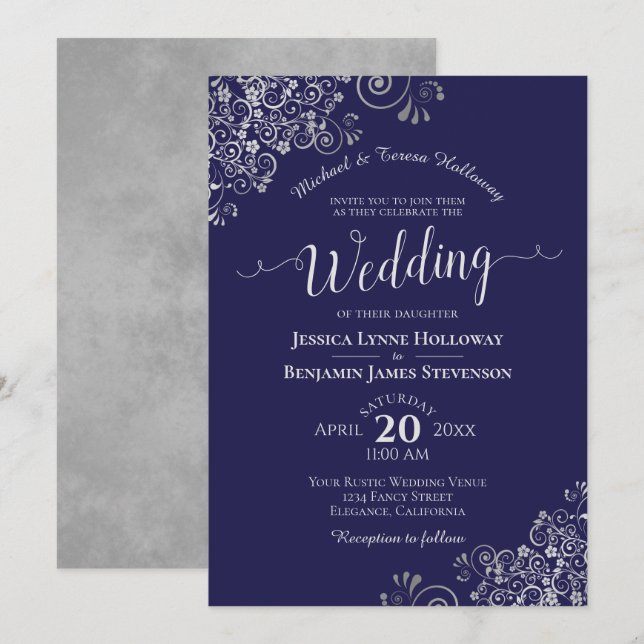 Invitation Dentelle d'argent sur bleu marine Élégant Mariage  (Devant / Derrière)