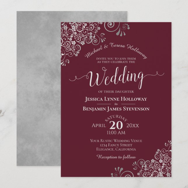 Invitation Dentelle d'argent sur la Bourgogne Elégant Mariage (Devant / Derrière)