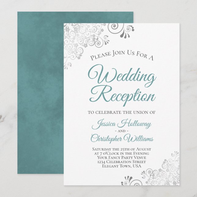 Invitation Dentelle d'argent Turquoise & blanc Elégante récep (Devant / Derrière)