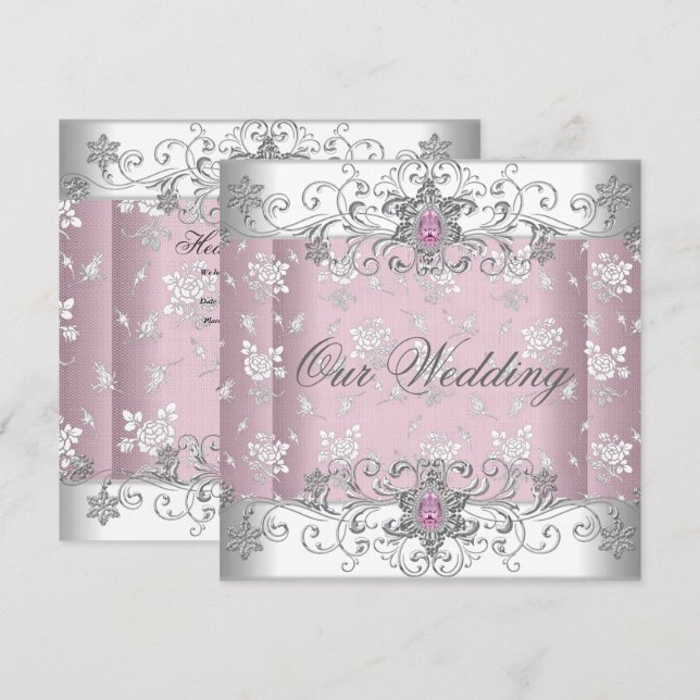 Invitation Dentelle de bijou mariage rose argent blanc diaman (Devant / Derrière)