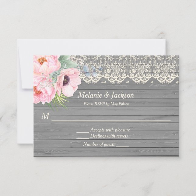 Invitation Dentelle de bois de grange Pivoines Anémones RSVP  (Devant)