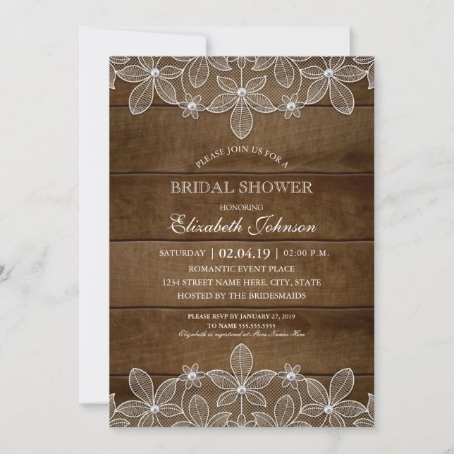 Invitation Dentelle de bois rustique Élégante Fête des mariée (Devant)