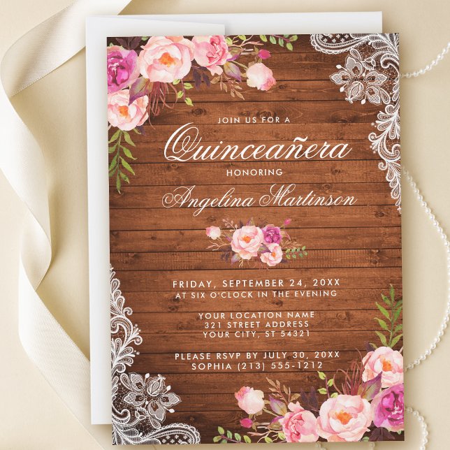 Invitation Dentelle de bois rustique Quinceanera Rose Floral (Customize to add more text or photos to back of card.)