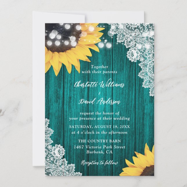 Invitation Dentelle de bois tournesol Turquoise mariage Invit (Devant)