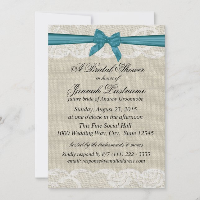 Invitation Dentelle de campagne et burlap avec douche turquoi (Devant)