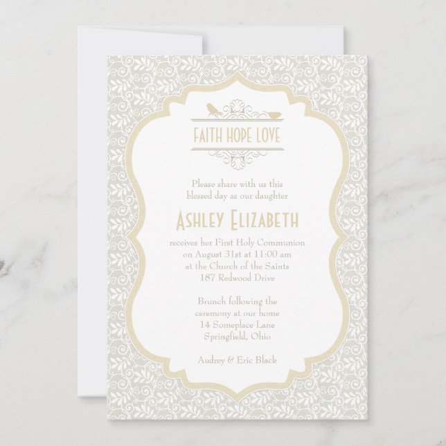 Invitation Dentelle de Champagne blanc Première communion Inv (Devant)