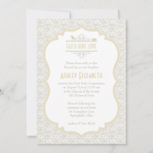 Invitation Dentelle de Champagne blanc Première communion Inv