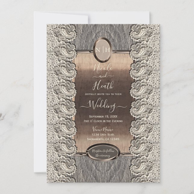 Invitation Dentelle de crème antique Gris Bois et Mariage en  (Devant)