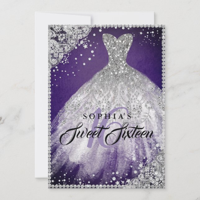 Invitation Dentelle de diamant étincelante gown violet argent (Devant)