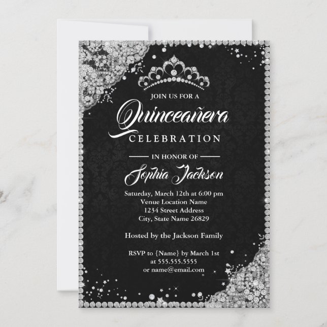 Invitation Dentelle de diamant Étincelle d'argent noir Quince (Devant)