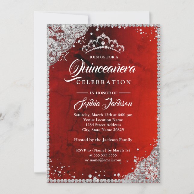 Invitation Dentelle de diamant Étincelle d'argent rouge Quinc (Devant)