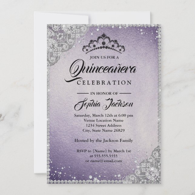 Invitation Dentelle de diamant étincelle de Quinceanera viole (Devant)