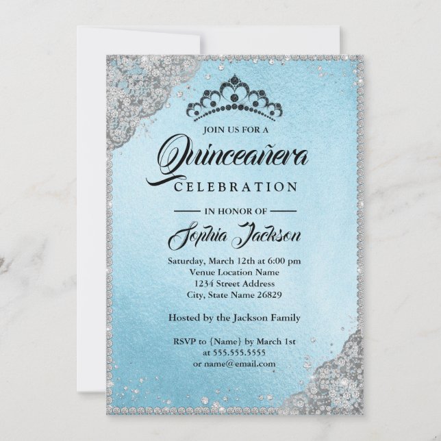 Invitation Dentelle de diamant étincelle Quinceanera bleue (Devant)