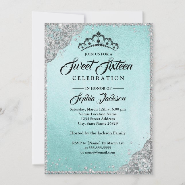Invitation Dentelle de diamant Étincelle Turquoise Sweet sixt (Devant)